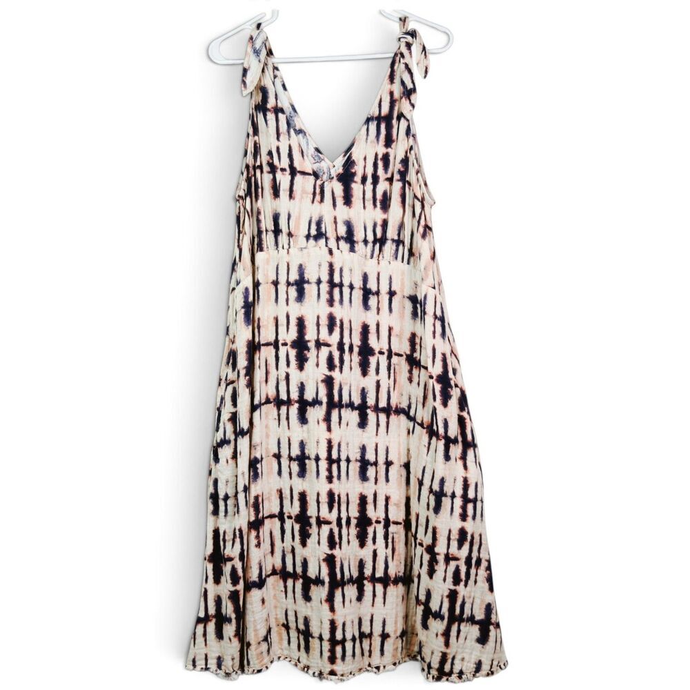 tie dye cotton midi dress xl v neck tie shoulder pockets raw hem boho sleeveless